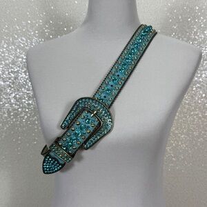 Turquoise Rhinestone Studded Western Belt Y2K Cowgirl Boho Bling belt 35-39”